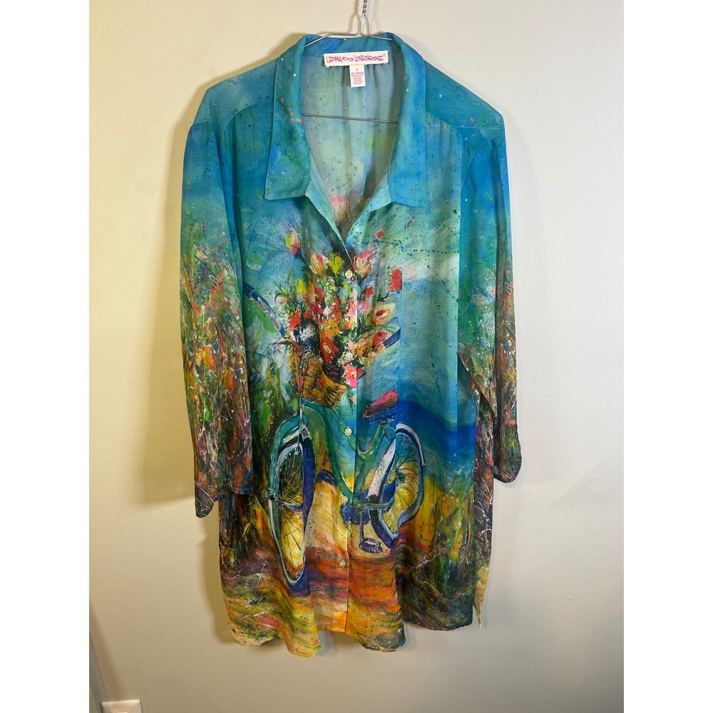 Leoma Lovegrove Womens Button Down Shirt Artistic‎ Bicycle Print Multicolor XL